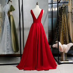 Red Satin Deep V-neckline Prom Gown