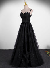 Black A-line Tulle Straps Simple Long Prom Dress