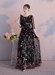Black A-line Floral Tulle Prom Dress Party Dress