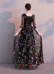 Black A-line Floral Tulle Prom Dress Party Dress