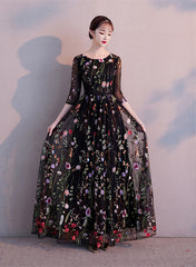 Black A-line Floral Tulle Prom Dress Party Dress
