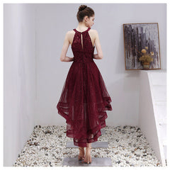 Beautiful Burgundy Halter High Low Tulle Lace Homecoming Dress