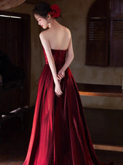 Wine Red Satin and Sequins Long Strapless Party Dress