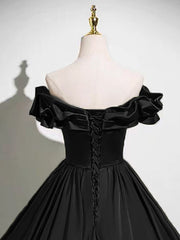 A-line Black Satin Sweetheart Off Shoulder Prom Dress