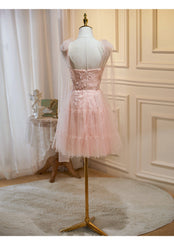 Vestido corto de fiesta con encaje de tul rosa y flores
