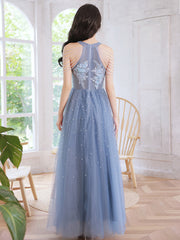 Blue Beaded and Lace Applique Long Party Dress