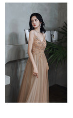 Sexy Champagne Beaded Deep V-neckline Long Party Dress