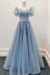 Blue Shiny Tulle Short Sleeves Long Formal Dress