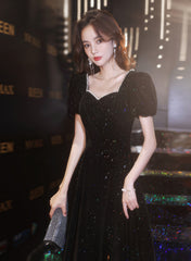 Black Short Sleeves A-line Velvet Long Prom Dress