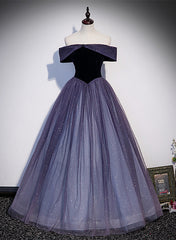 Vestido de fiesta largo con hombros descubiertos y tul degradado morado