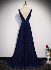 Vestido de fiesta largo azul marino con escote en V y corte A