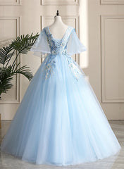 Light Blue Ball Gown V-neckline Puffy Sleeves Party Dress