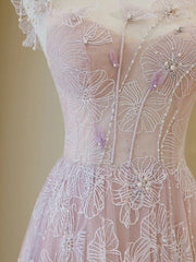 Light Pink Round Neckline Lace Long Prom Dress