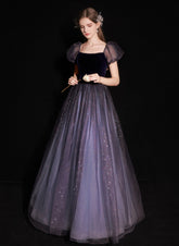 A-line Purple Short Sleeves Tulle and Velvet Long Prom Dress