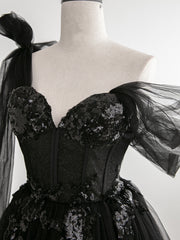 Sexy Black One Shoulder Tulle Sweetheart Sequins Party Dress