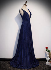 Vestido de fiesta largo azul marino con escote en V y corte A