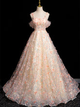 Vestido de fiesta con escote corazón, flores y encaje con tirantes rosas