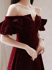 Vestido de fiesta de terciopelo rojo vino hasta la rodilla, vestido de graduación