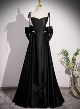 Black Satin Sweetheart Long Prom Dress with Bow