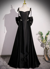 Black Satin Sweetheart Long Prom Dress with Bow