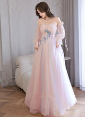 Light Pink Off Shoulder A-line Tulle Prom Dress with Lace