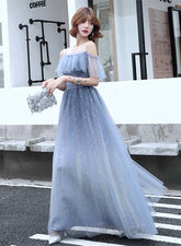 Light Blue Tulle Off Shoulder Long Formal Dress