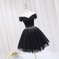 Black Off Shoulder Beaded Tulle Short Prom Dress