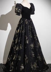 Vestido largo de fiesta negro con escote en forma de A, mangas cortas y estampado floral