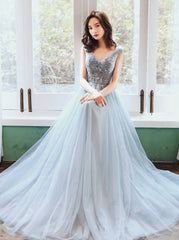 Light Blue V-neckline Tulle Long Prom Dress