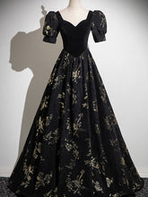 Black A-line Short Sleeves Sweetheart Floral Long PartY Dress