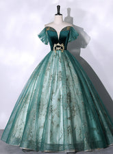 Vestido de fiesta verde de tul con cuentas y hombros descubiertos para dulces 16