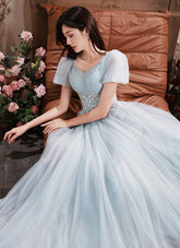 Light Blue Short Sleeves Beaded Tulle Long Party Dress