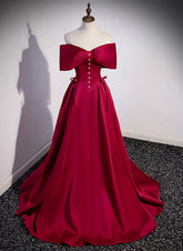 Vestido de noche largo con escote corazón de satén rojo vino
