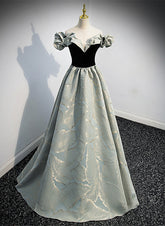 A-line Blue Grey Satin Sweetheart Off Shoulder Prom Dress