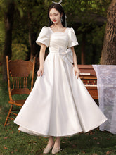 White Satin A-line Short Sleeves Party Dress with Bow