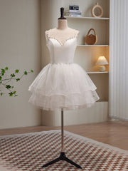 Cute White Short Tulle Beaded Graduation Dress