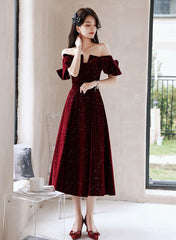 Vestido de fiesta de terciopelo rojo vino hasta la rodilla, vestido de graduación