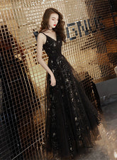 Black Straps V-neckline Long Party Dress