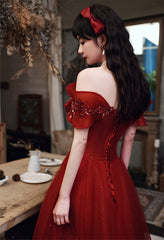Wine Red Tulle Off Shoulder Floor Length Party Dress