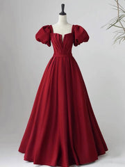 Vestido de fiesta rojo vino de manga corta, corte A y largo hasta el suelo