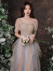 Cute Short Sleeves Layers Tulle Long Party Dress