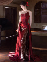 Wine Red Satin and Sequins Long Strapless Party Dress
