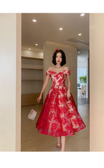 Red Lace Off Shoulder Tea Length Bridesmaid Dress