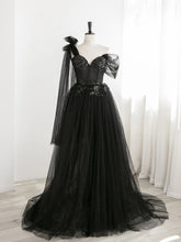Sexy Black One Shoulder Tulle Sweetheart Sequins Party Dress