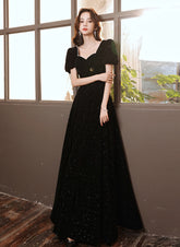 Black Short Sleeves A-line Velvet Long Prom Dress
