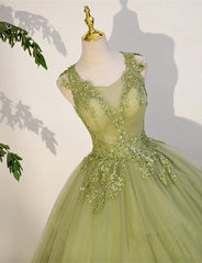 Vestido de fiesta verde claro de tul con apliques de encaje en forma de A