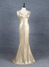 Champagne Sequins Low Back Long Bridesmaid Dresses