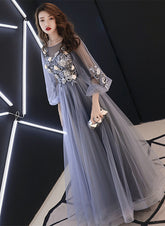 A-line Puffy Long Sleeves Flowers Tulle Party Dress
