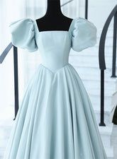 Light Blue Satin Open Back Lopng Prom Dress