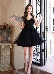 Black V-neckline Straps Short Party Dress